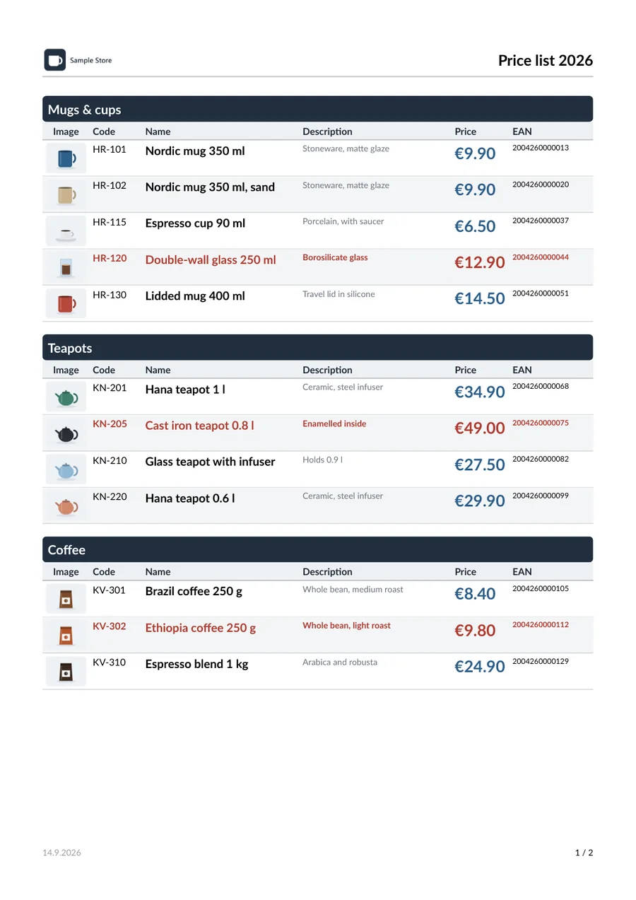 A page of the sample price list with categories, images, prices and EAN codes