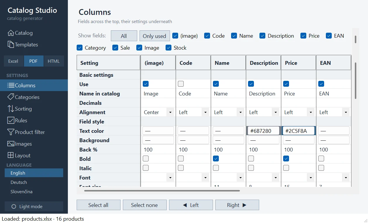 The Columns panel with the fields of the sample spreadsheet