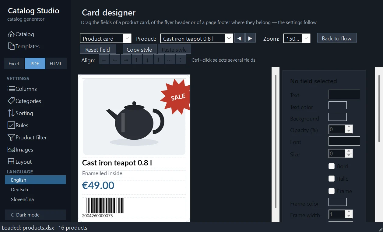 The card designer in dark mode