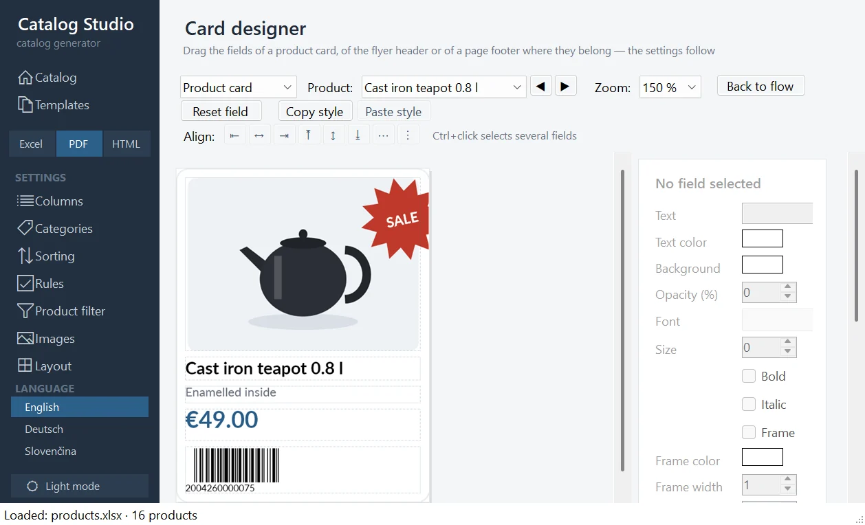 The card designer with a cast iron teapot and a SALE badge
