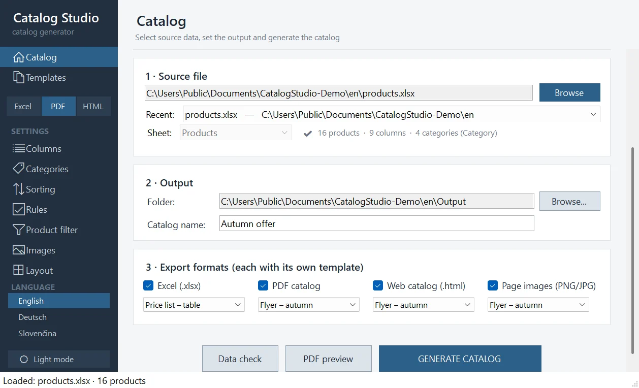 The Catalog screen with the sample file and four formats