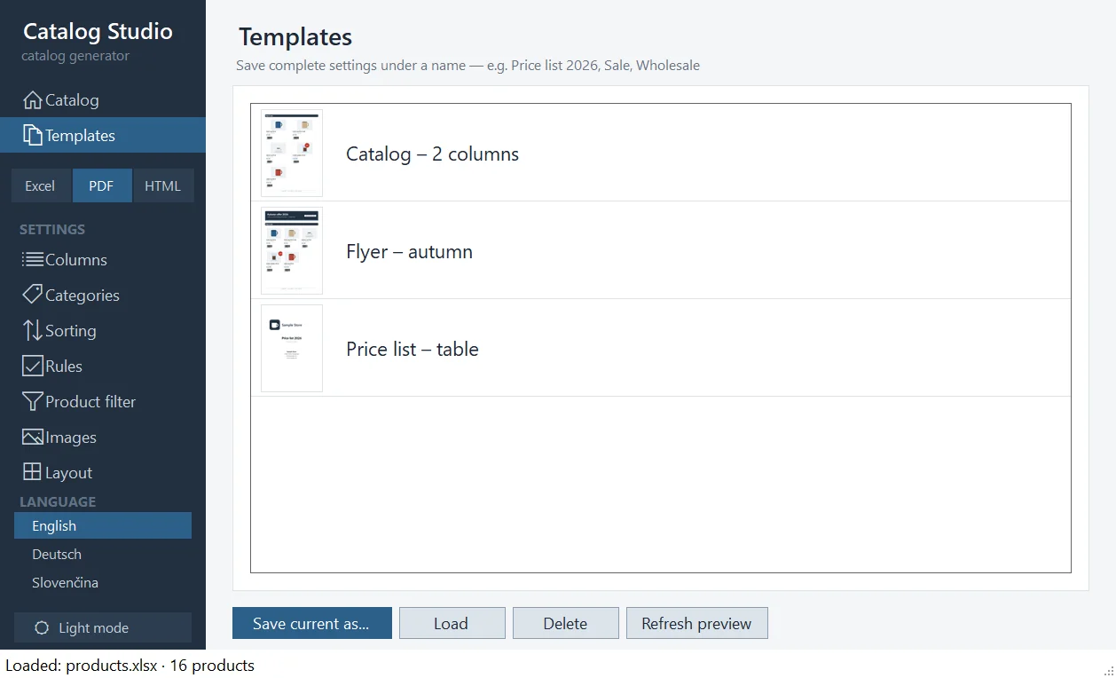 The Templates panel with three templates