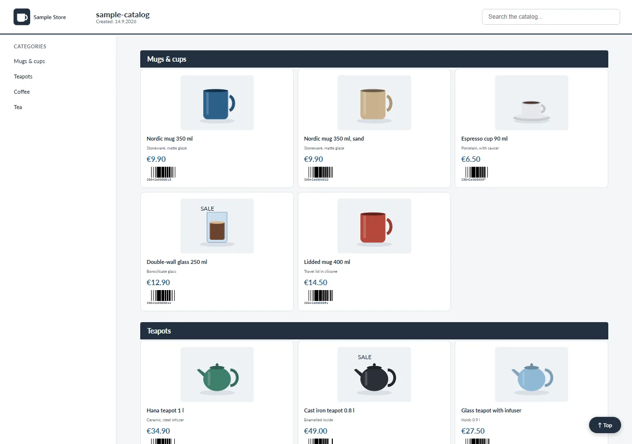 The sample web catalog open in a browser