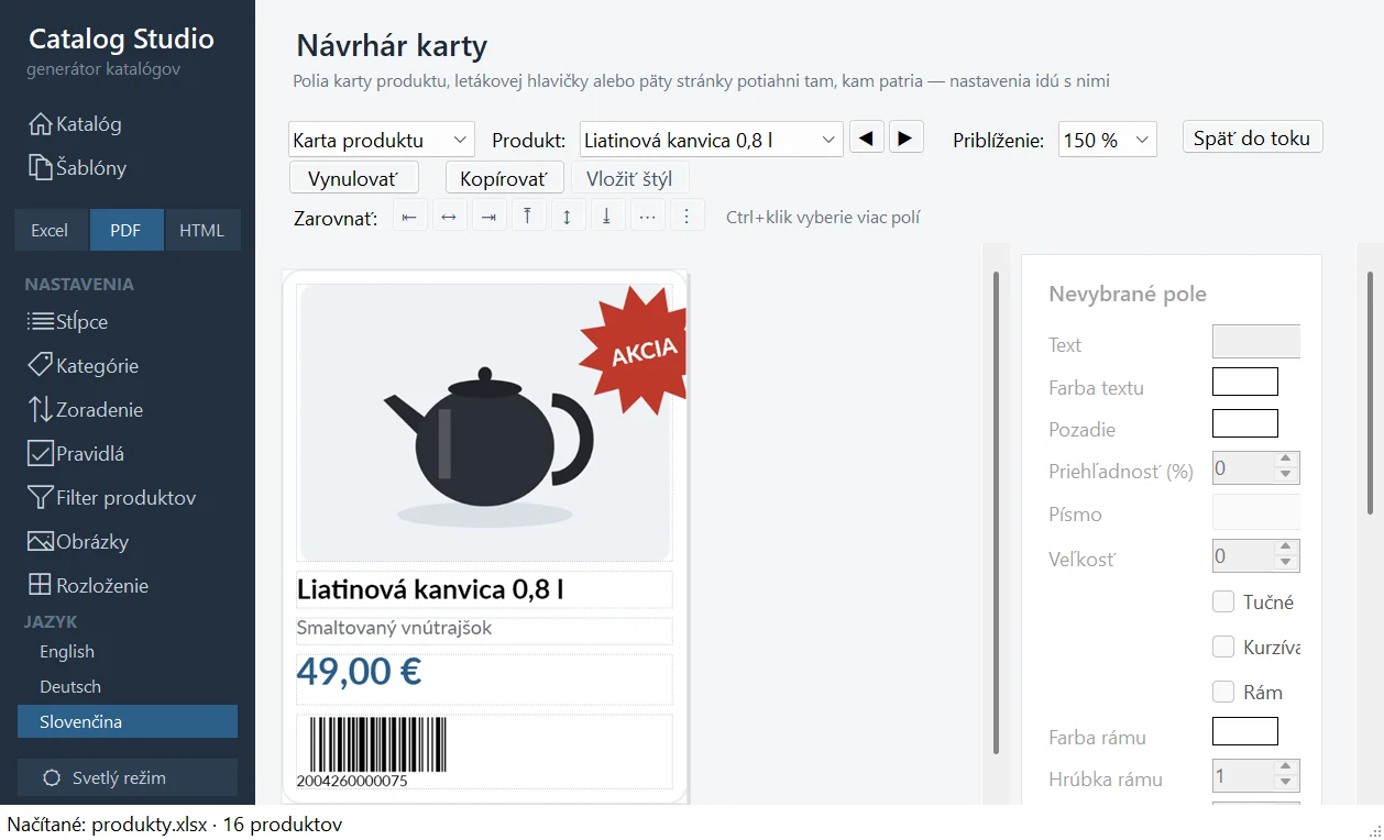 Návrhár karty s kartou produktu a panelom vlastností poľa