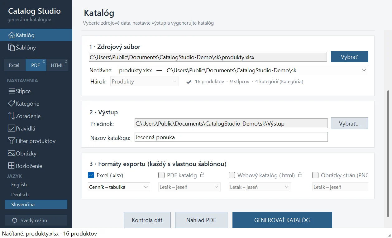 Obrazovka Katalóg v bezplatnej verzii so zámkami pri zamknutých formátoch