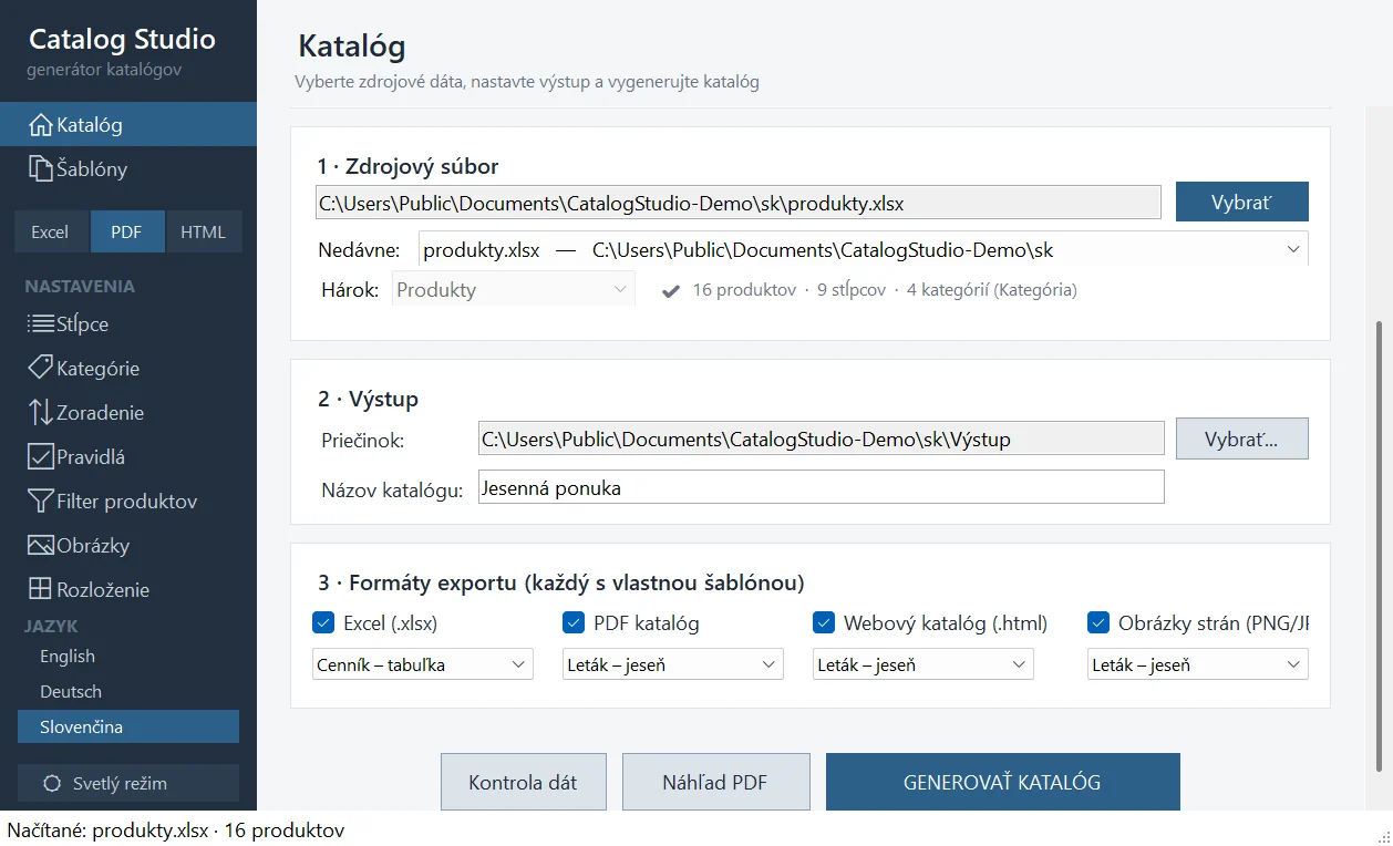 Obrazovka Katalóg s ukážkovým súborom a štyrmi formátmi