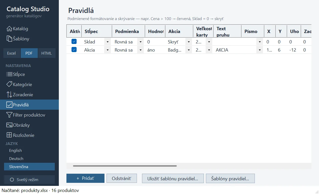 Panel Pravidlá: skryť produkty so skladom 0 a nápis AKCIA pre akciové položky